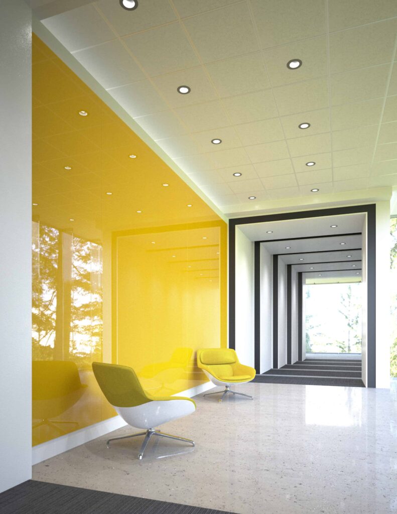 Clarus yellow accent glassboard wall in corporate hallway
