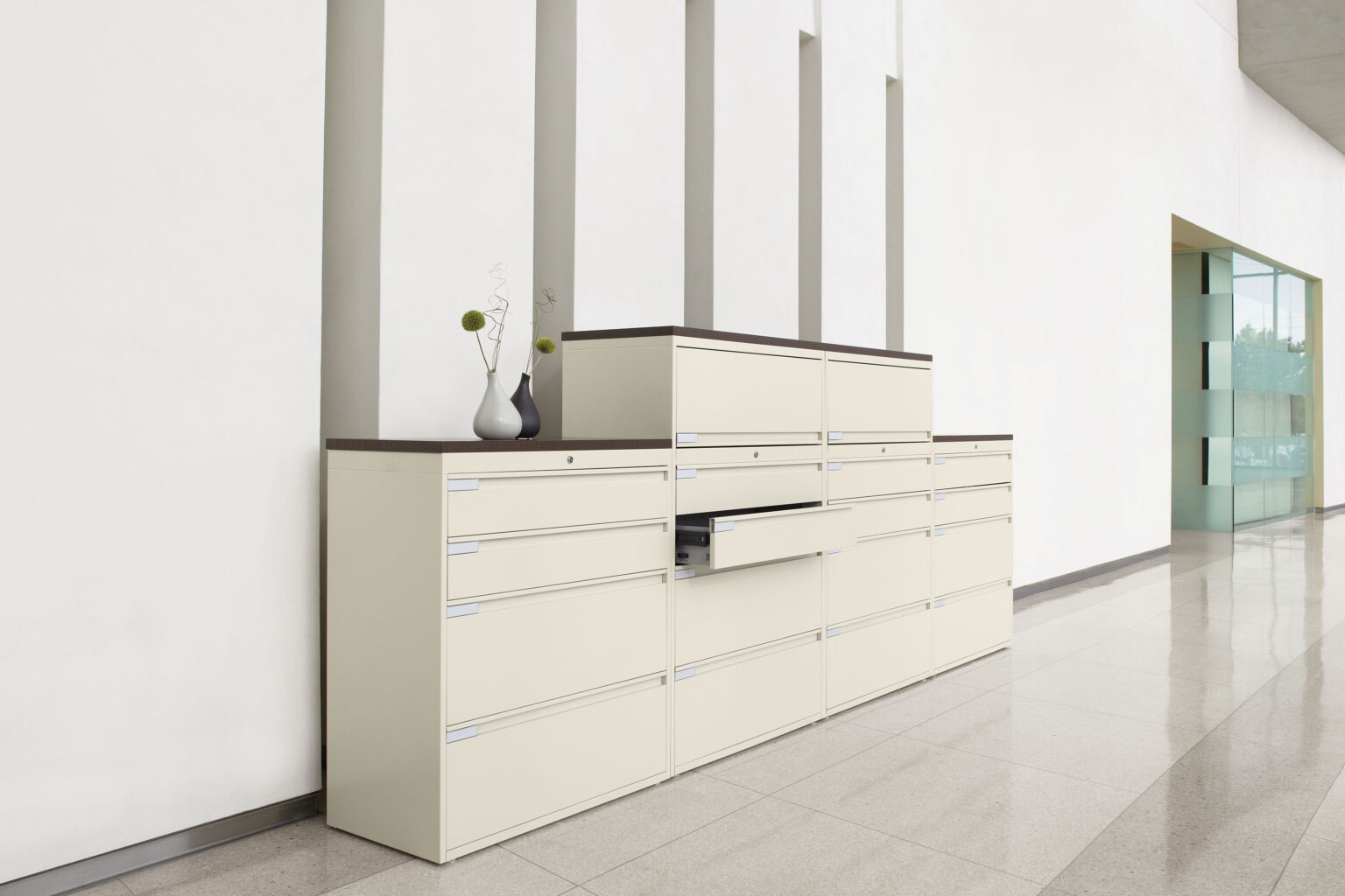 Wall of lateral filing cabinets
