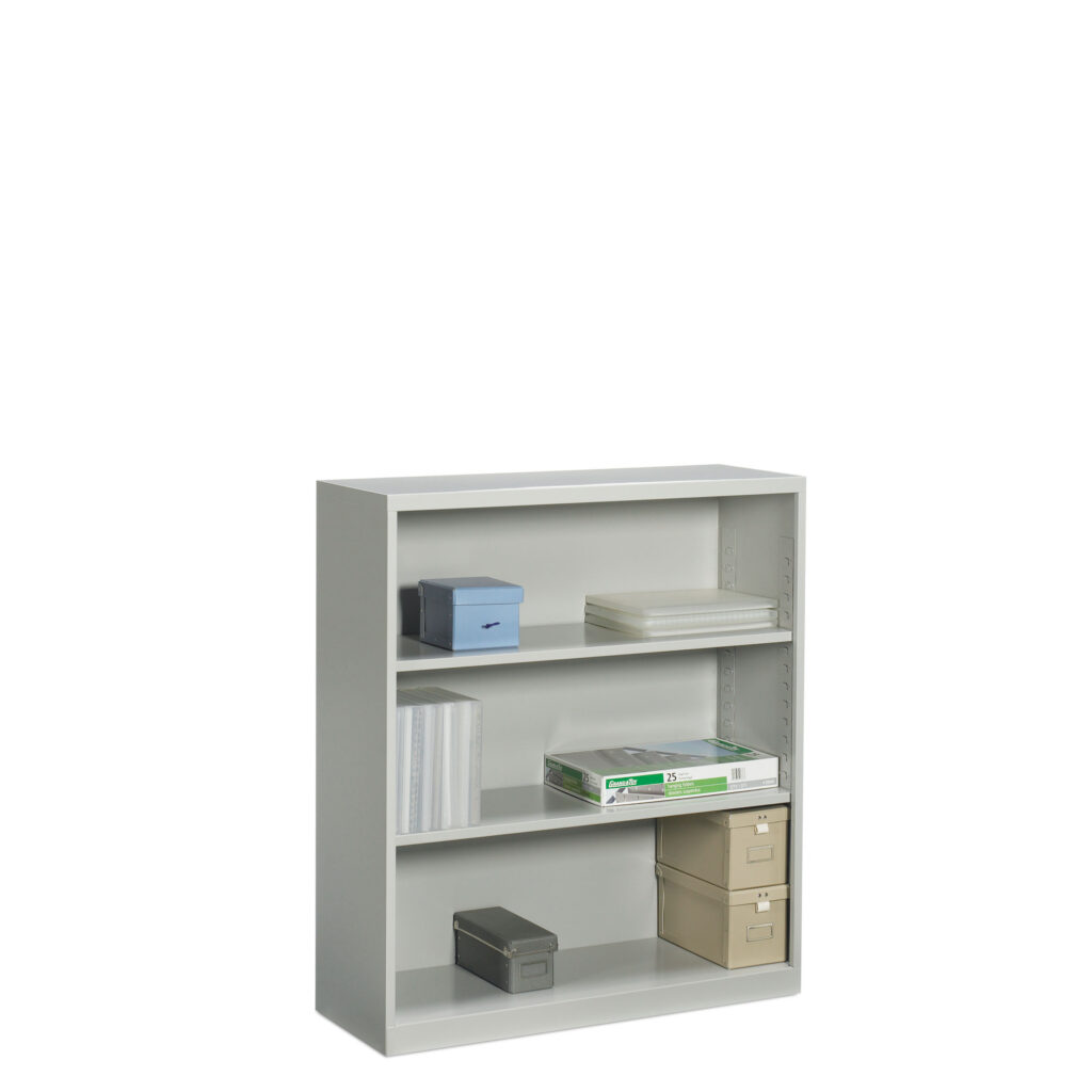 3-shelf metal bookcase in gray