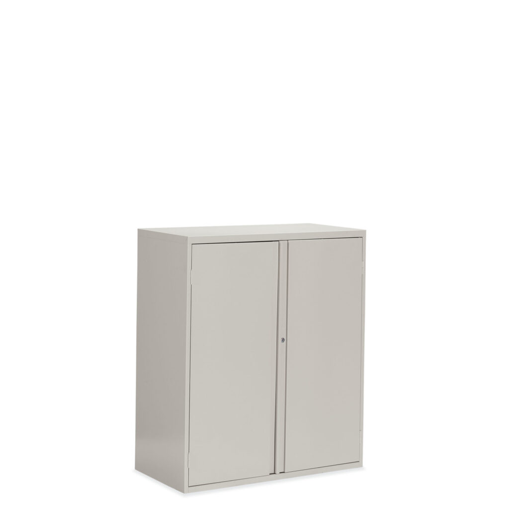 Metal storage cabinet with shelves in light gray