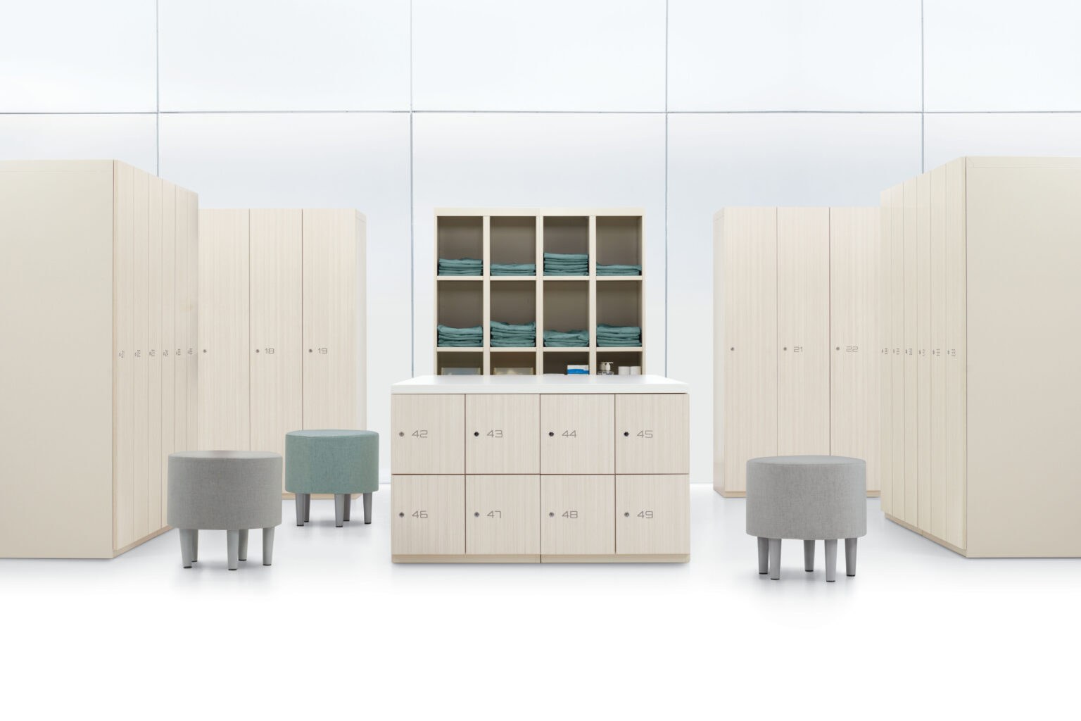 Light maple laminate lockers in a care facility