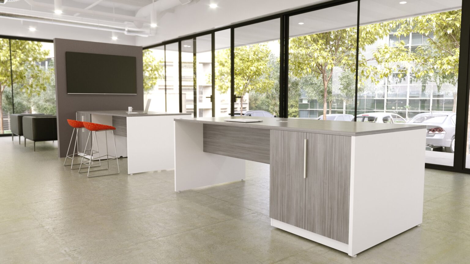 Storage cabinet integrated into a modern office workstation